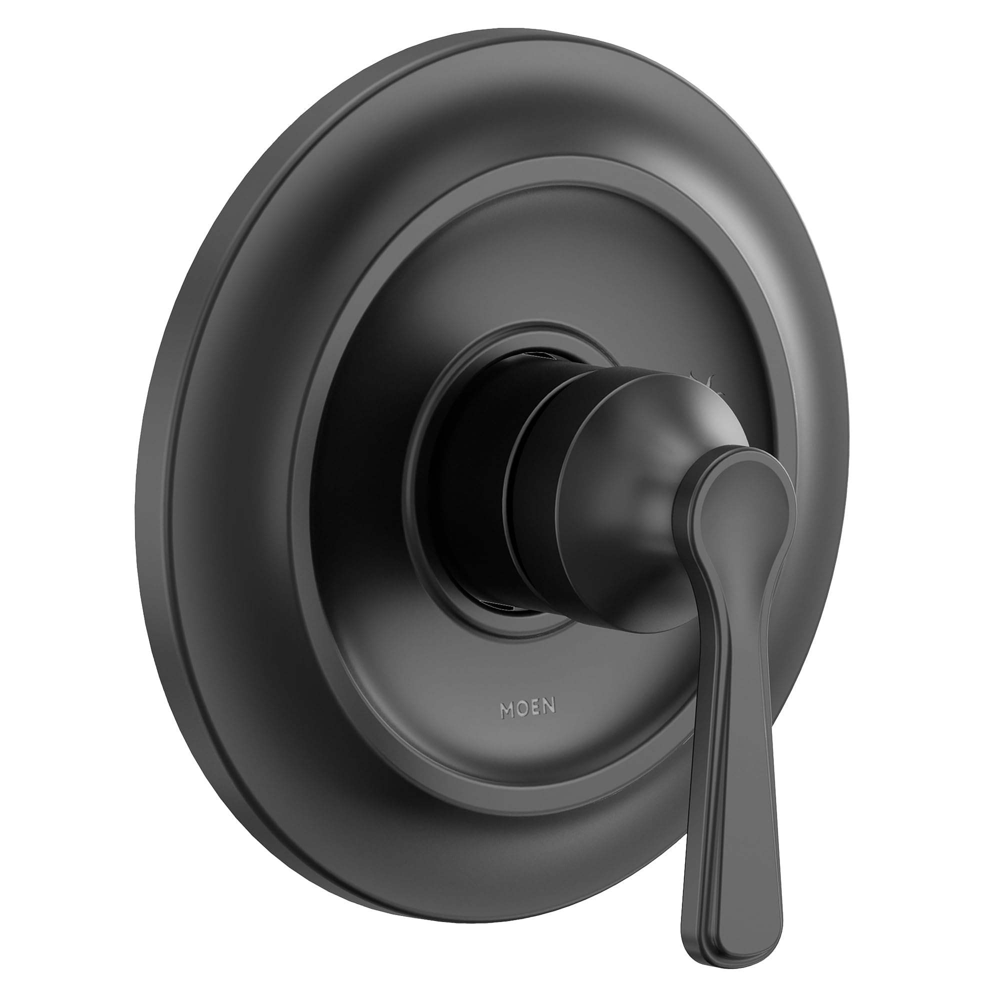 Matte black single-handle shower trim with round escutcheon plate and lever handle.