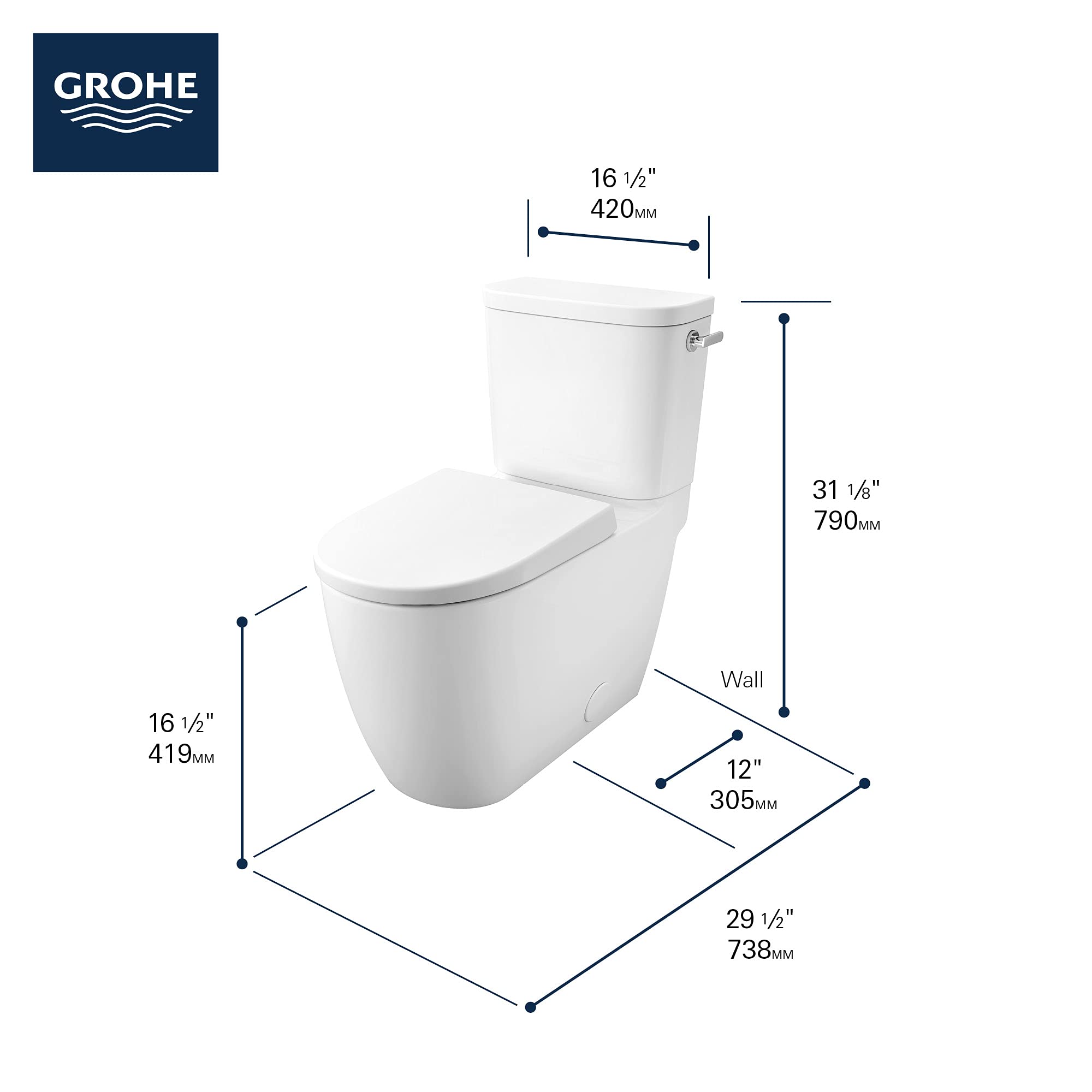 White two-piece elongated toilet with seat and tank, shown with dimension measurements.