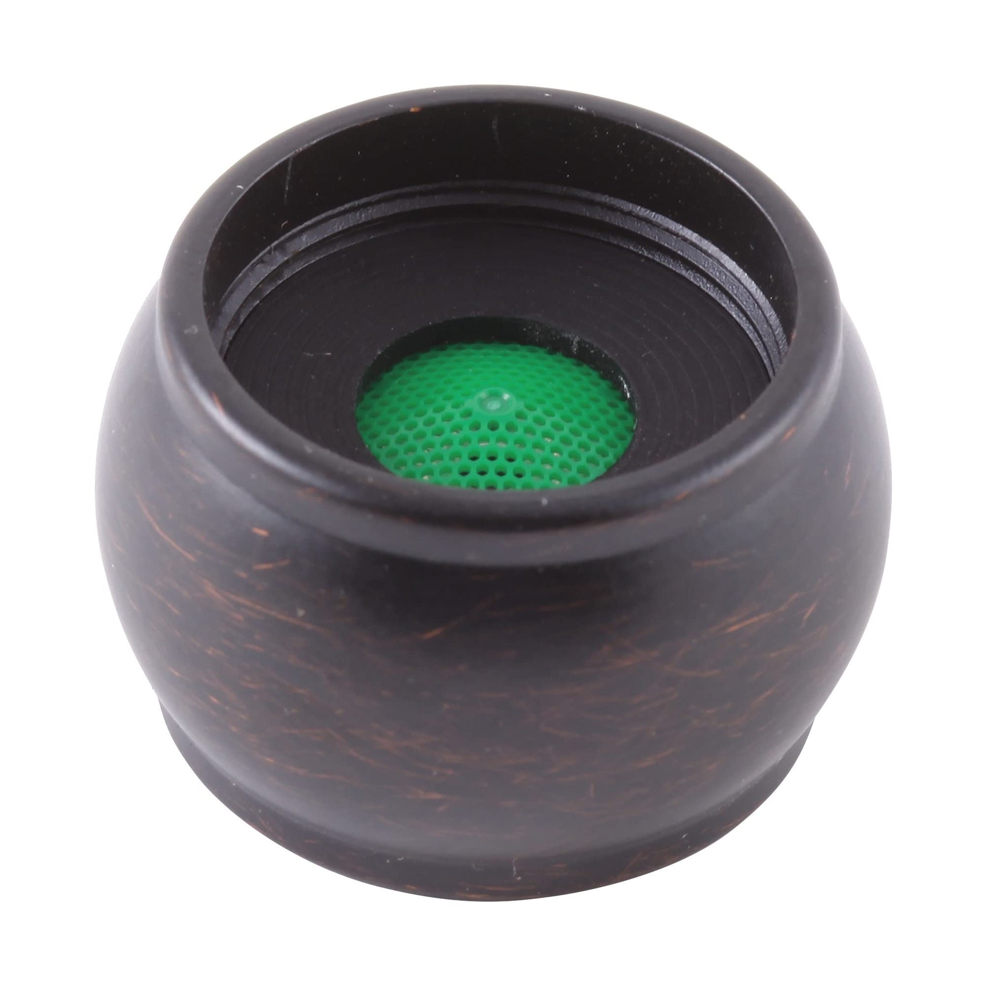 Venetian bronze faucet aerator with green perforated insert visible inside cylindrical housing.