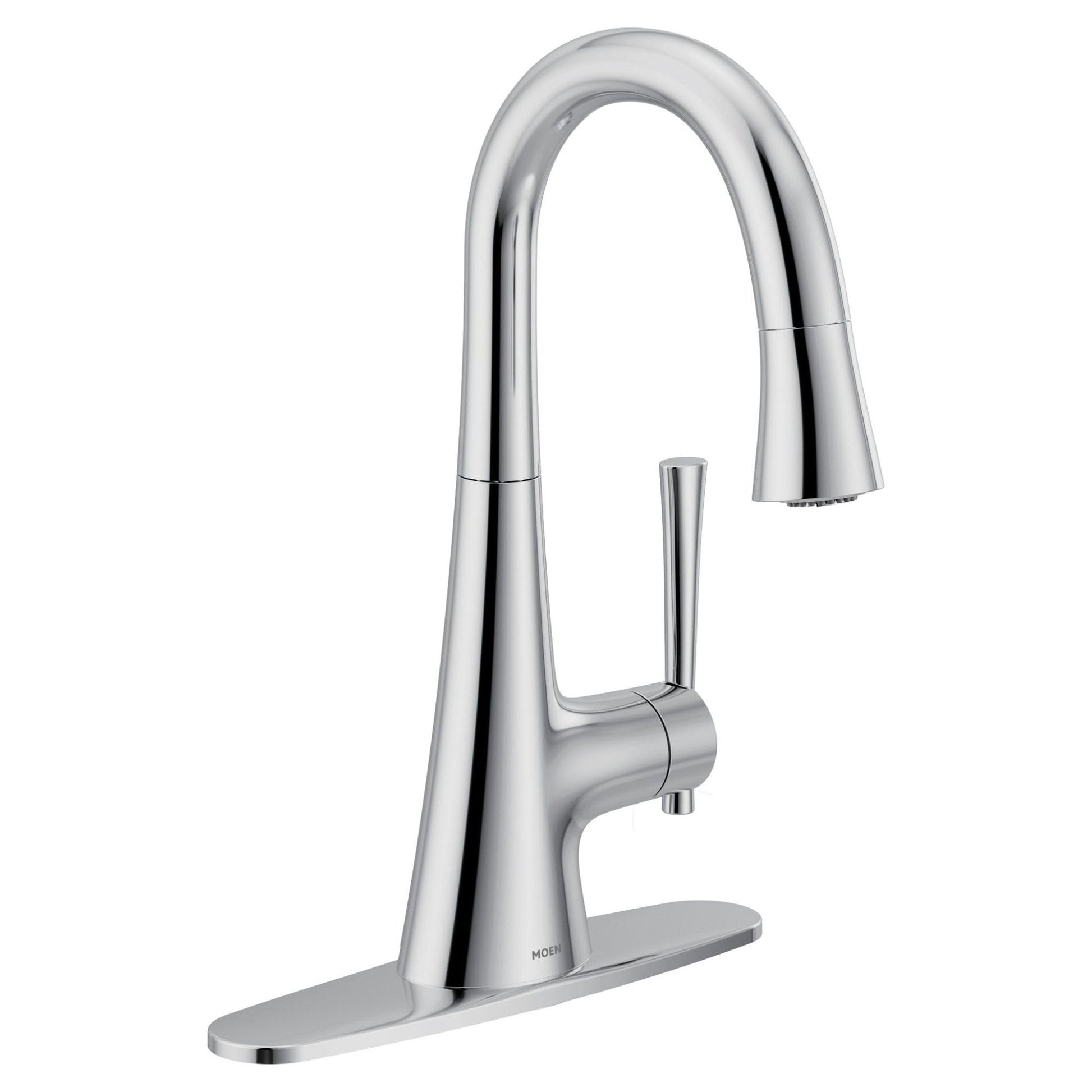 Chrome single-handle pulldown bar faucet with curved spout and rectangular base.