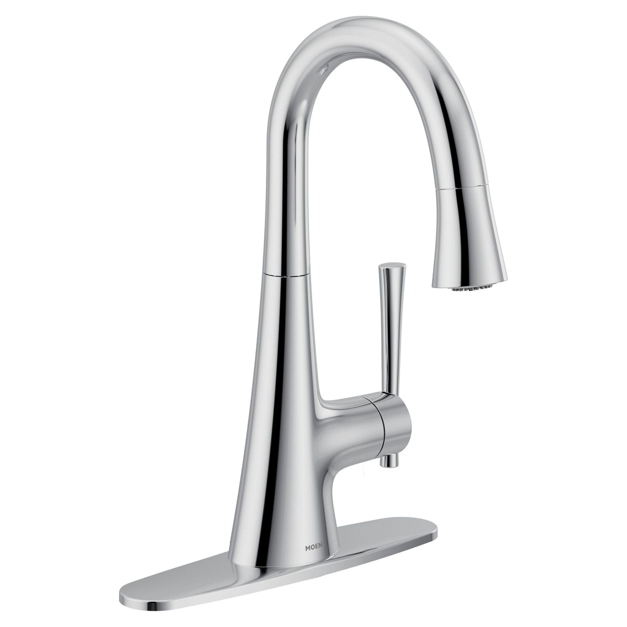 Chrome single-handle pulldown bar faucet with curved spout and rectangular base.