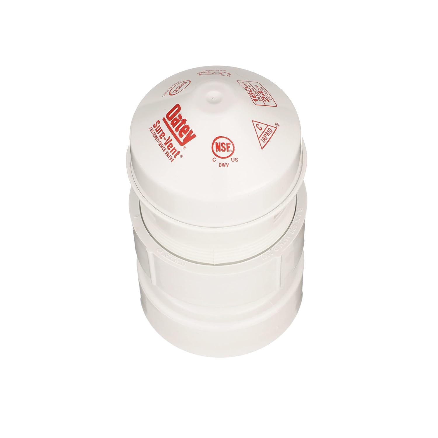 White PVC air admittance valve with red text and NSF certification mark on dome cap.