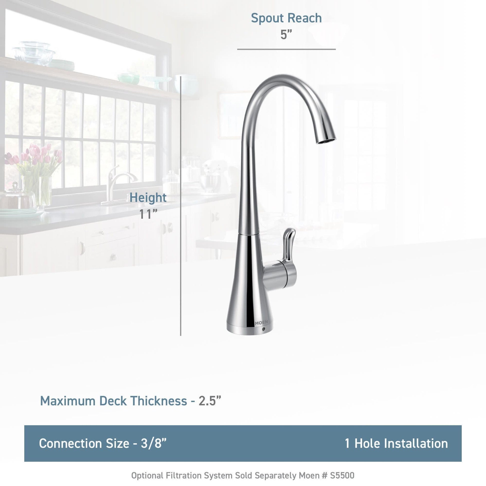 Chrome kitchen beverage faucet with curved spout, single lever handle, 11 inches tall with 5 inch reach.