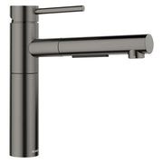 Satin dark steel pull-out kitchen faucet with cylindrical body and extended spout in horizontal position.