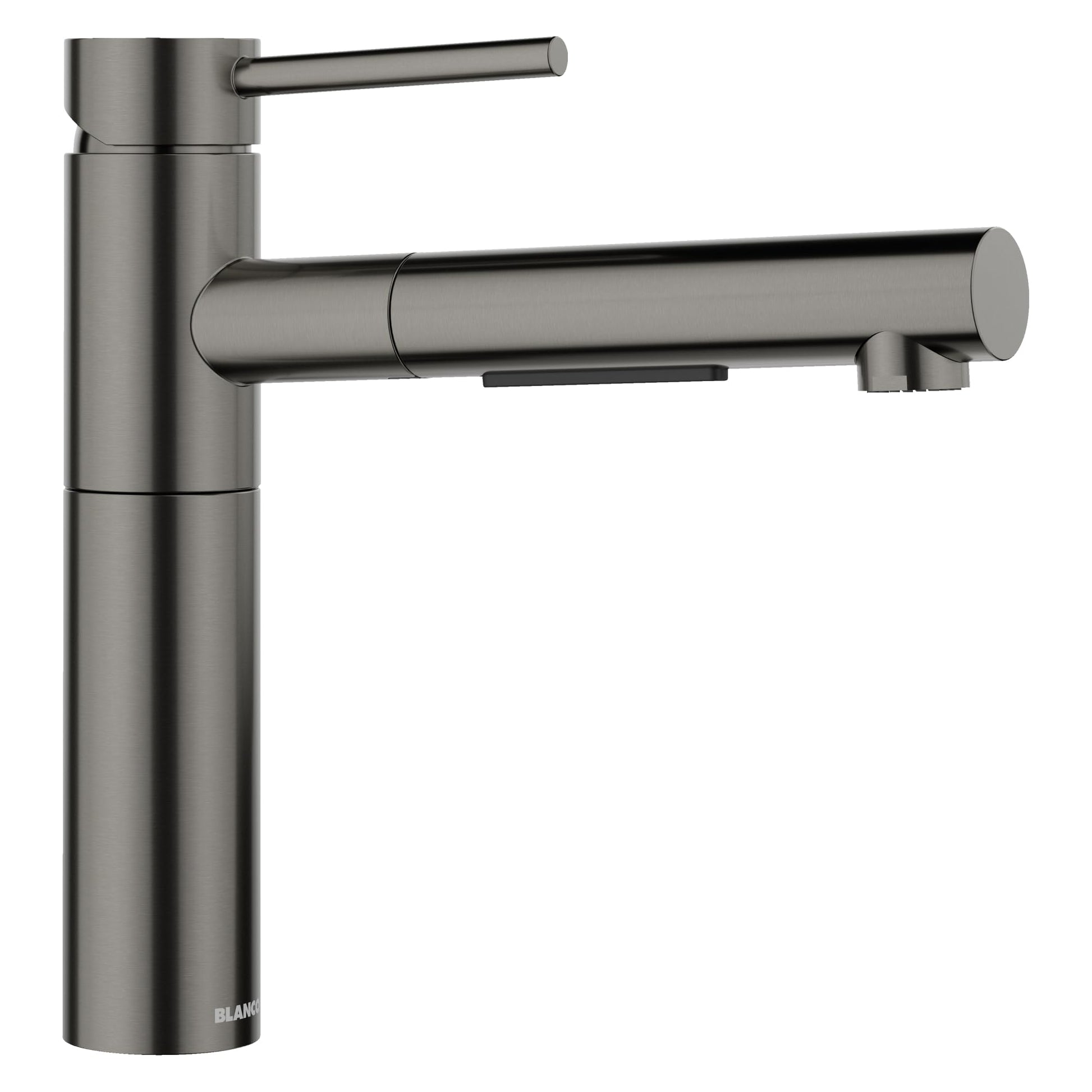 Satin dark steel pull-out kitchen faucet with cylindrical body and extended spout in horizontal position.