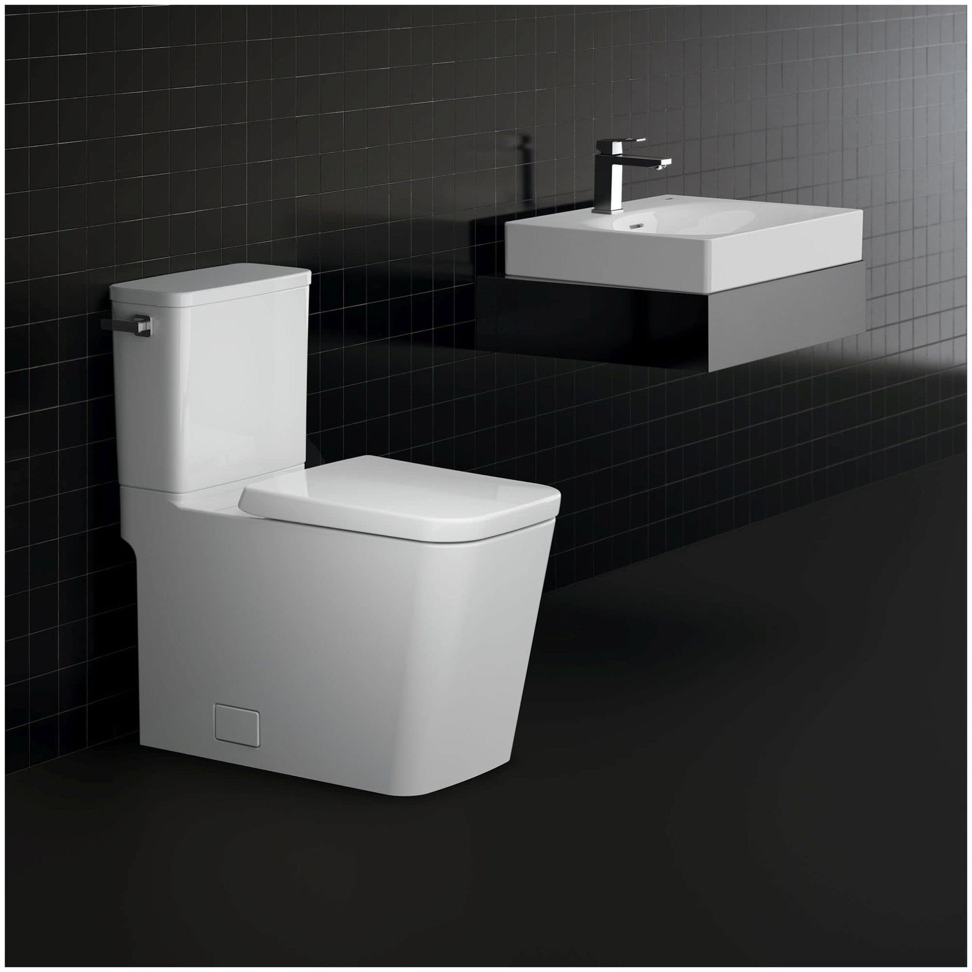 White two-piece elongated toilet with seat and left-hand trip lever in modern bathroom setting.