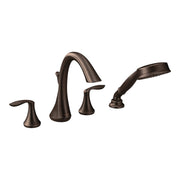 Oil rubbed bronze two-handle high arc roman tub faucet with detachable hand shower wand and curved spout.