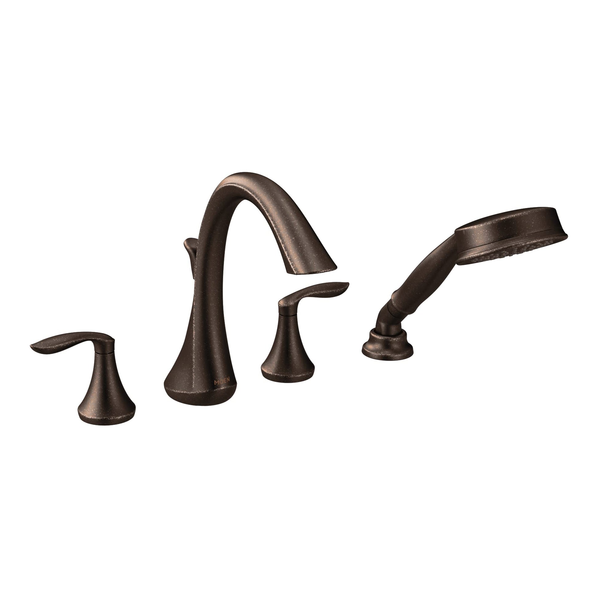 Oil rubbed bronze two-handle high arc roman tub faucet with detachable hand shower wand and curved spout.