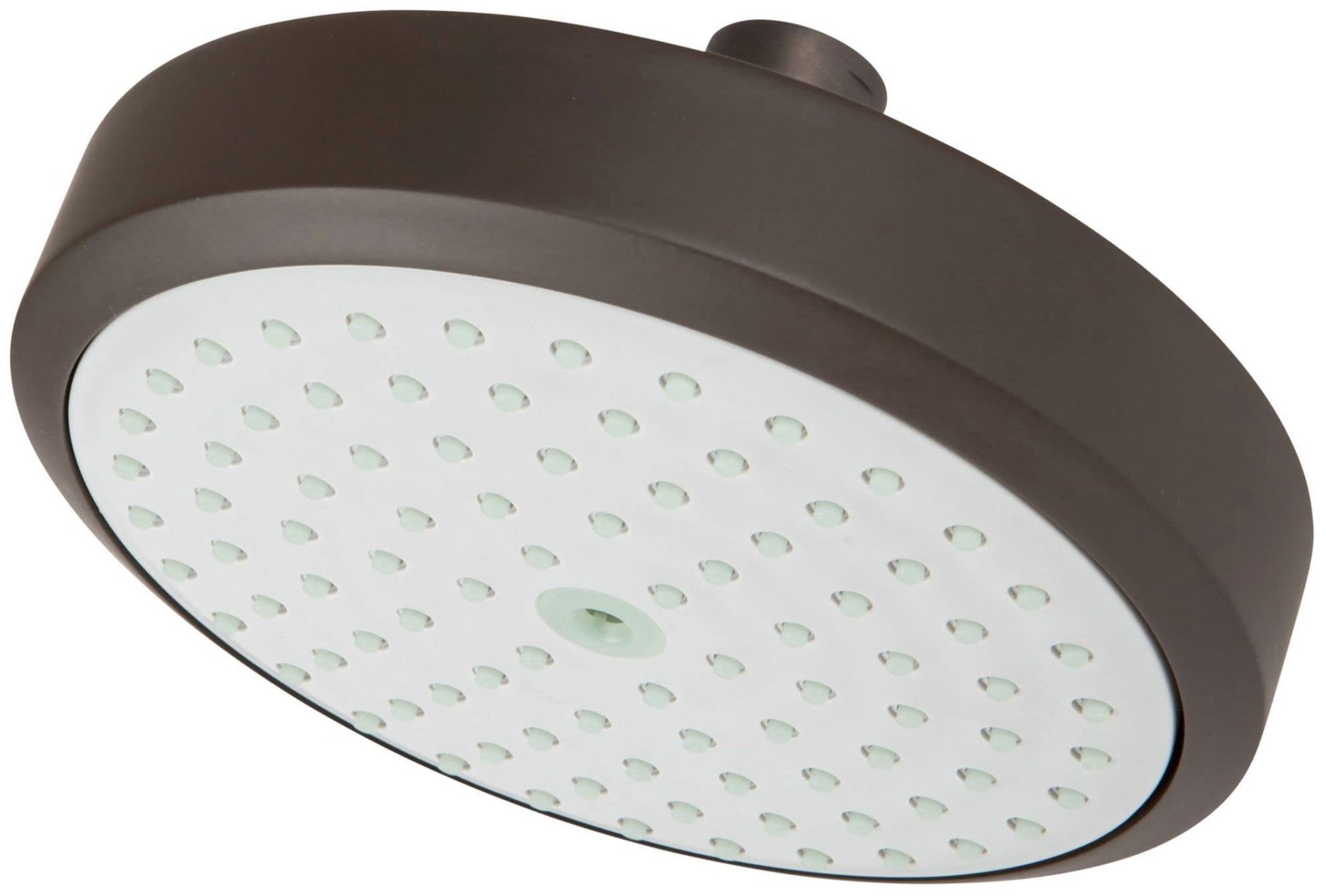 Oil rubbed bronze single function shower head with white spray face and multiple jets.