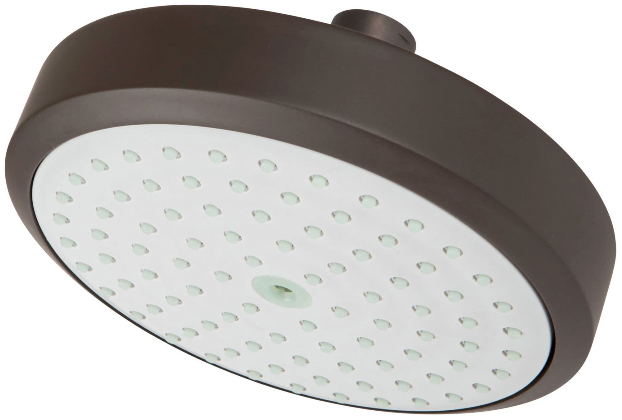 Oil rubbed bronze single function shower head with white spray face and multiple jets.