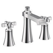 Chrome bathroom faucet with two cross handles, tall center spout, and widespread basin configuration.