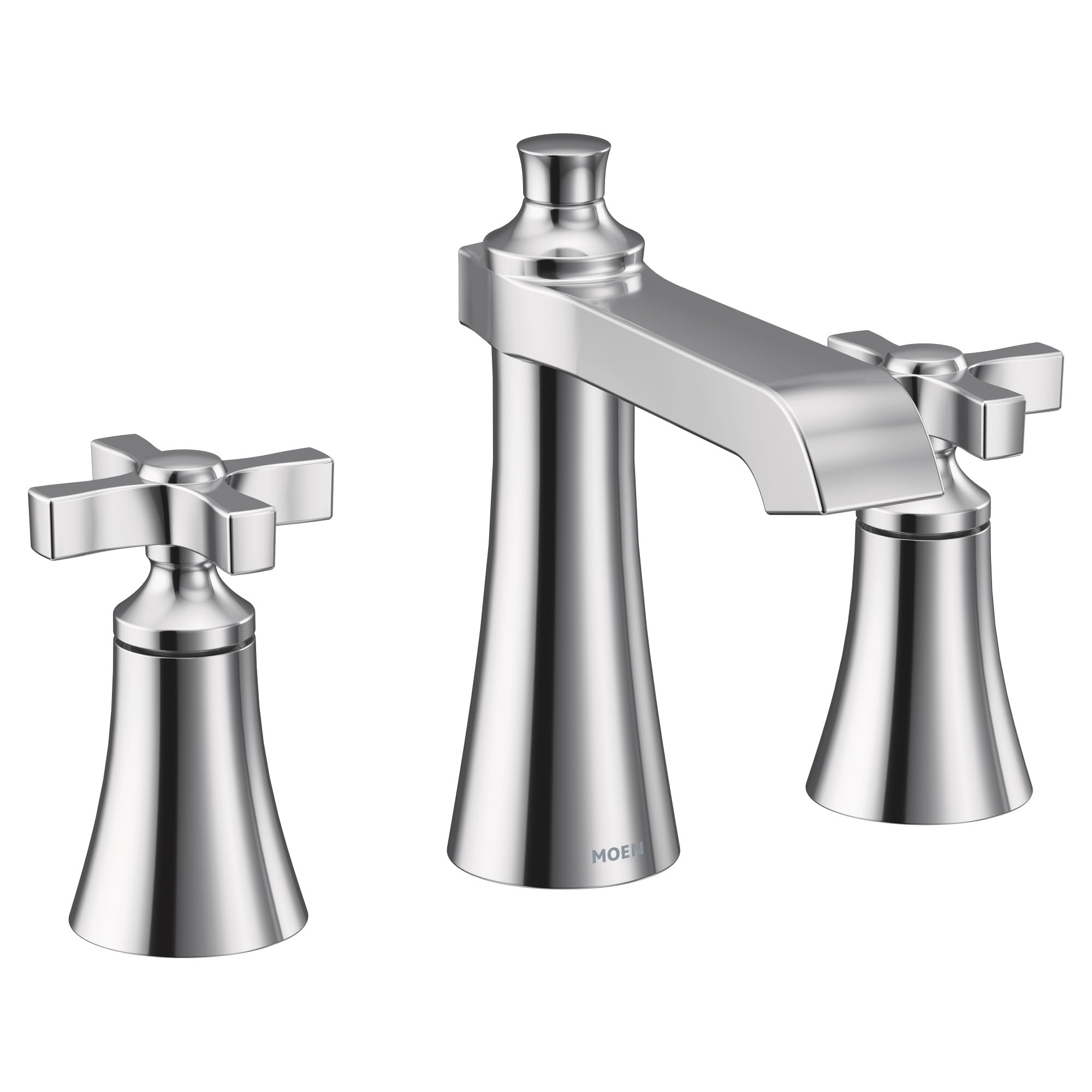 Chrome bathroom faucet with two cross handles, tall center spout, and widespread basin configuration.