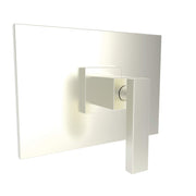 Satin nickel shower valve trim with square escutcheon plate and lever handle on white background.