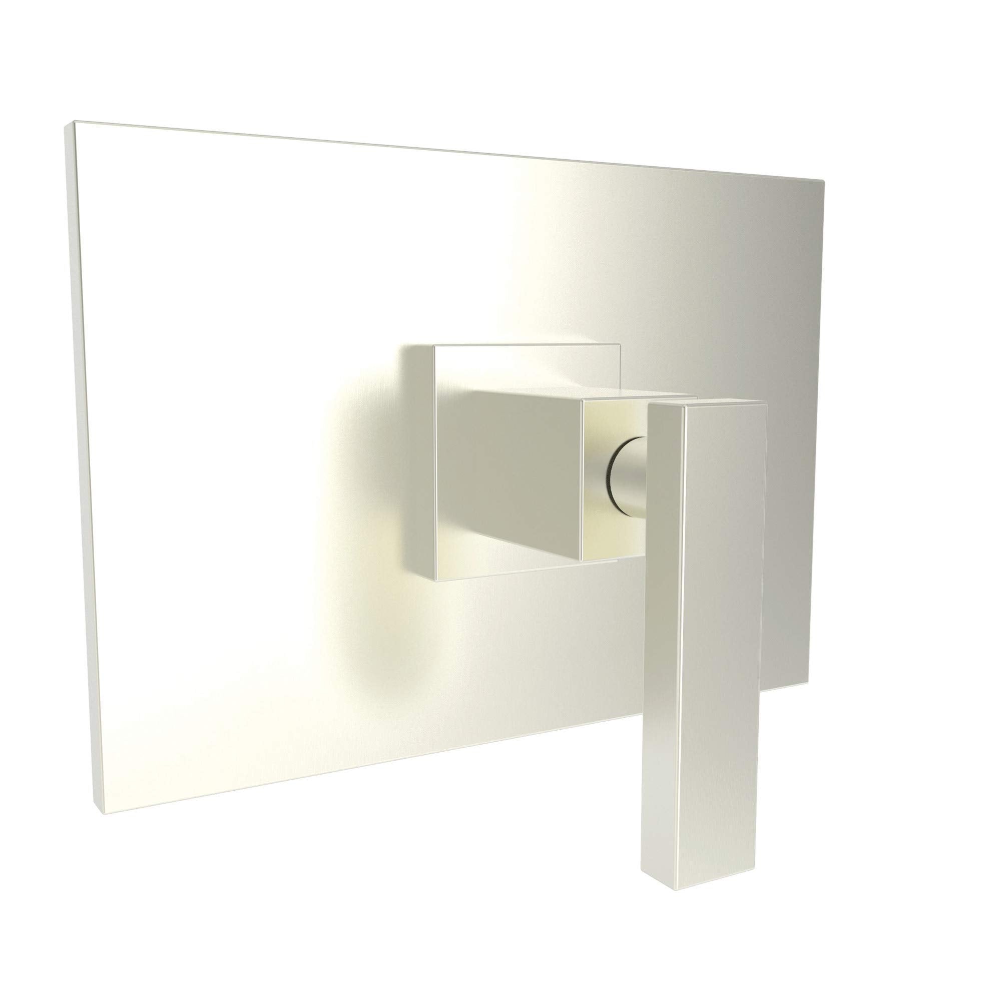 Satin nickel shower valve trim with square escutcheon plate and lever handle on white background.