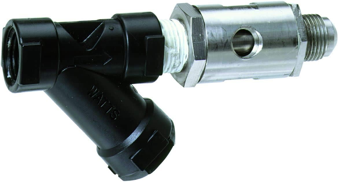 Watts SD-3 dual check backflow preventer with metal and black plastic components and threaded connections.