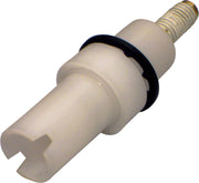 Cream-colored plastic diverter assembly with threaded brass connector and black rubber seal ring.