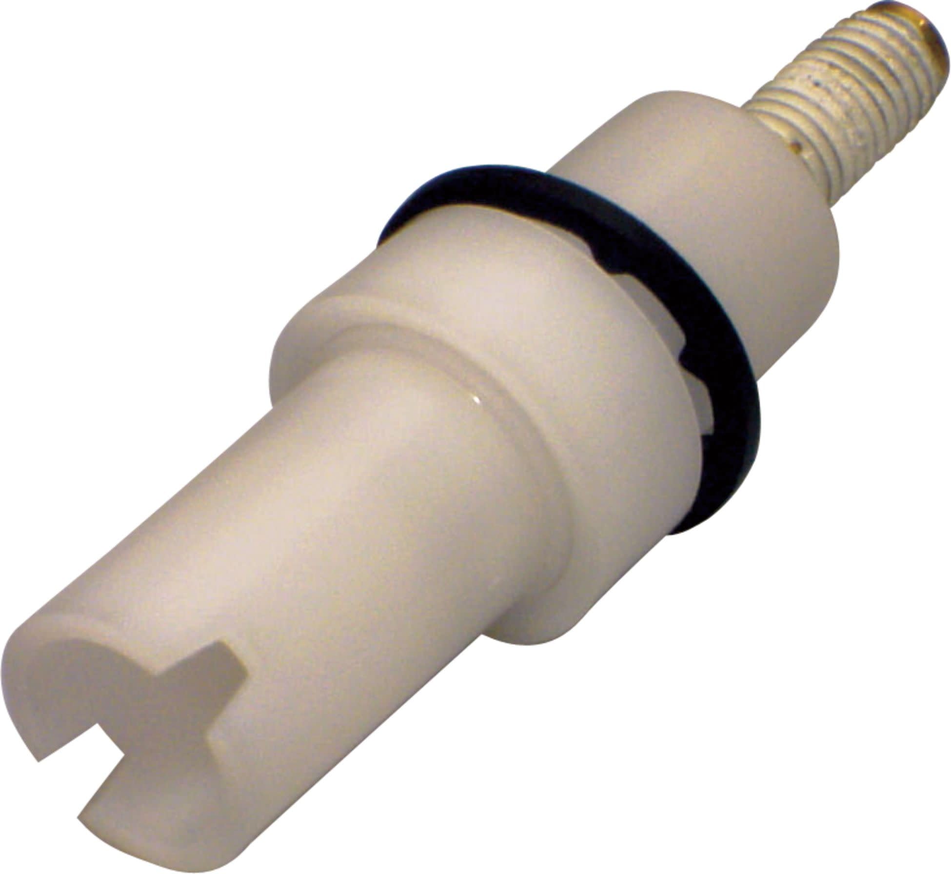 Cream-colored plastic diverter assembly with threaded brass connector and black rubber seal ring.