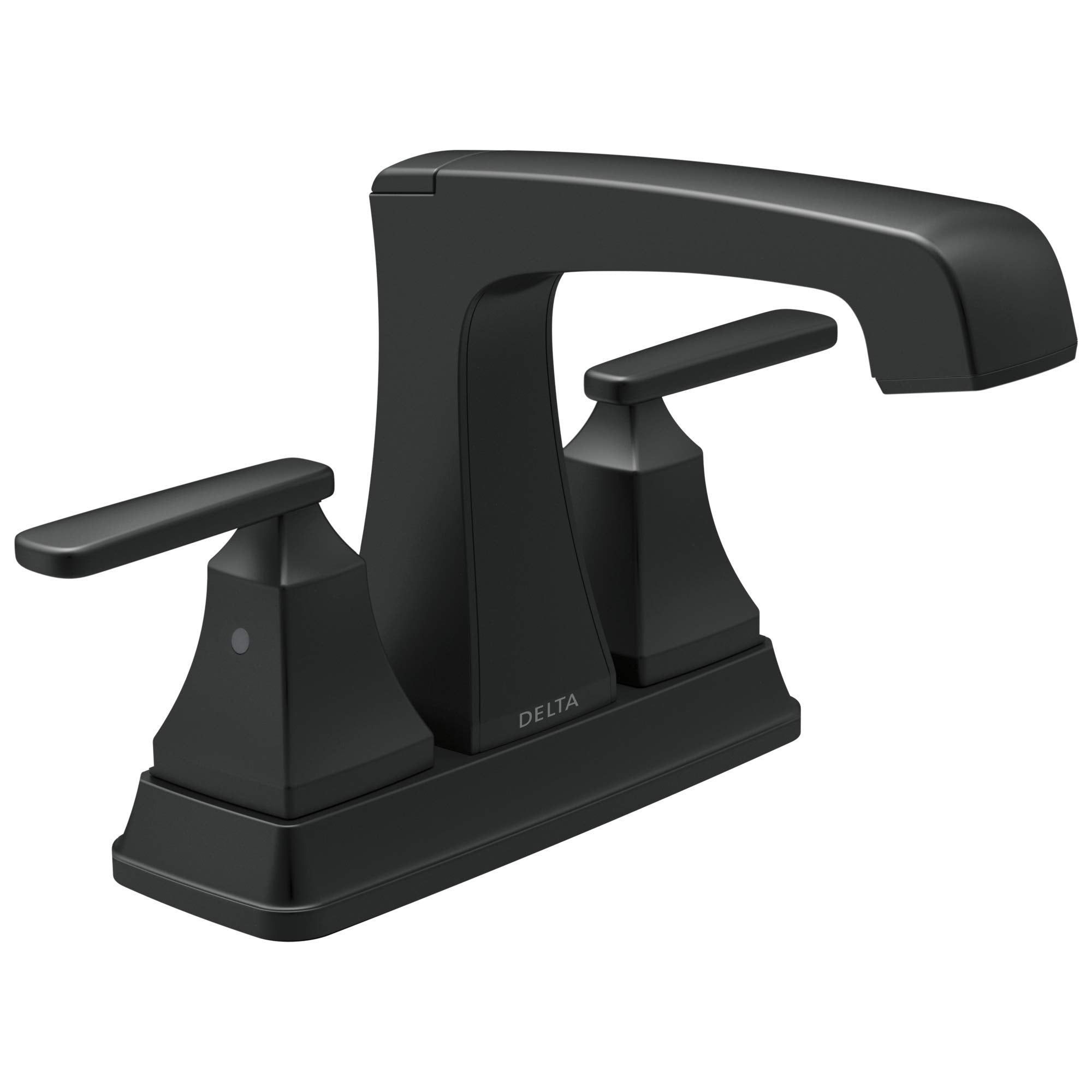 Black bathroom faucet with two handles, arched spout, and square base.