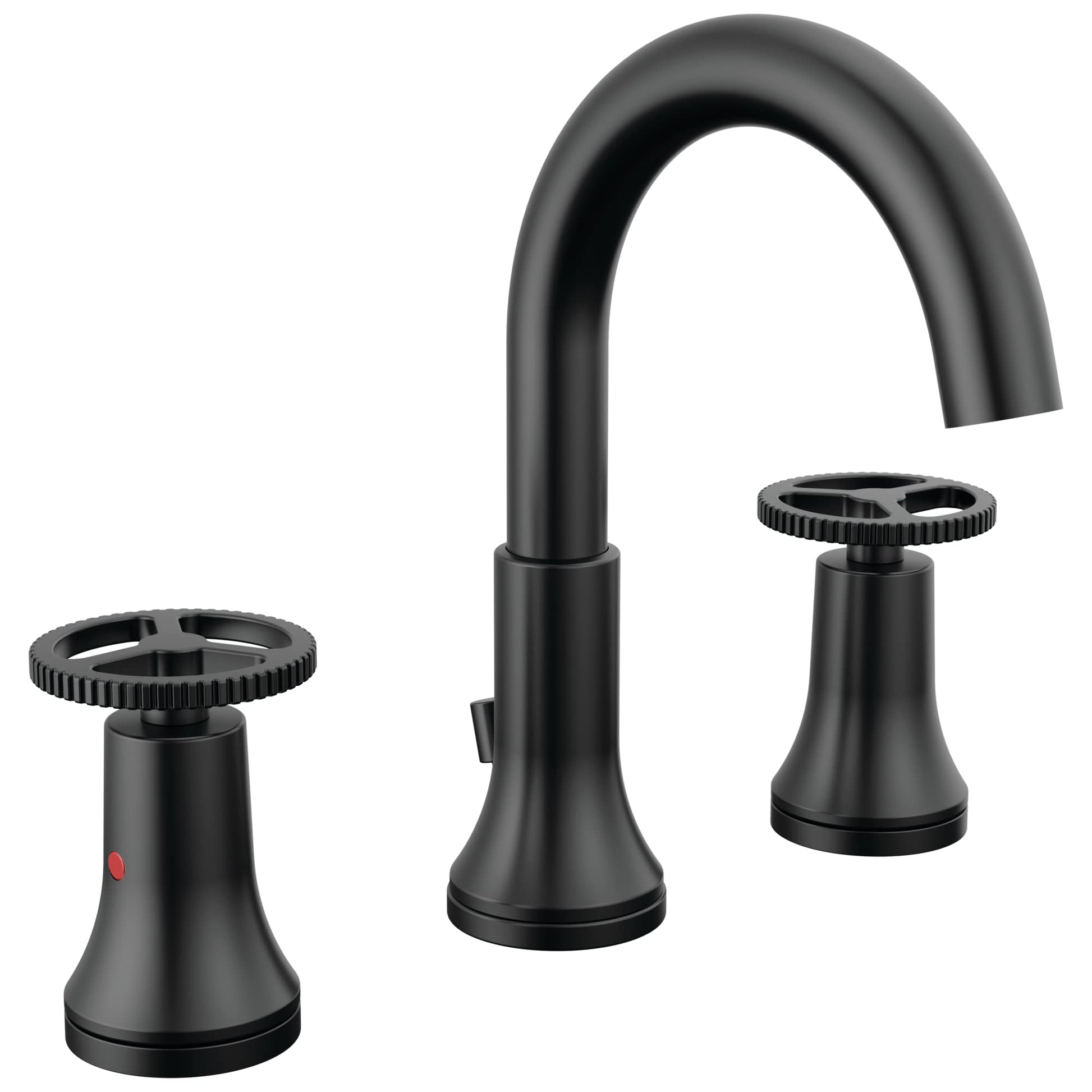 Black three-piece bathroom faucet with curved center spout and two wheel handles on cylindrical bases.