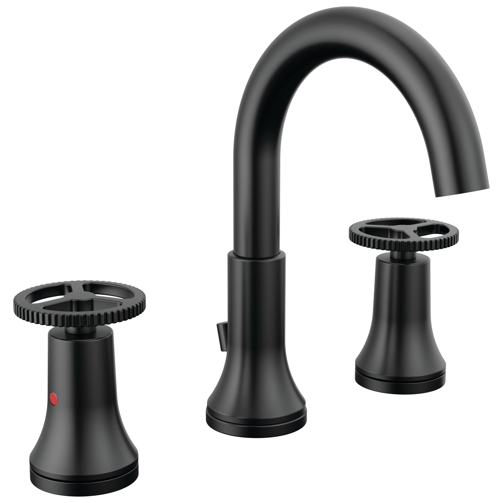 Black three-piece bathroom faucet with curved center spout and two wheel handles on cylindrical bases.