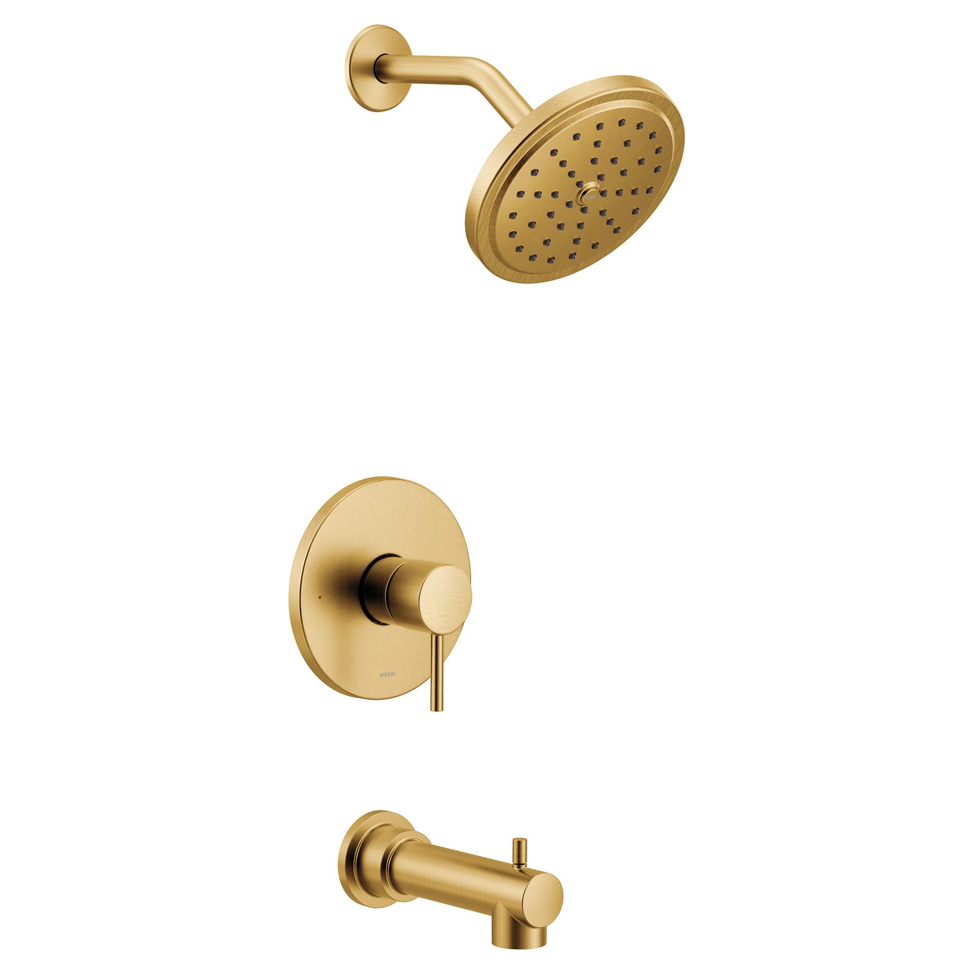 Brushed gold tub and shower trim with single handle valve, round showerhead, and tub spout.