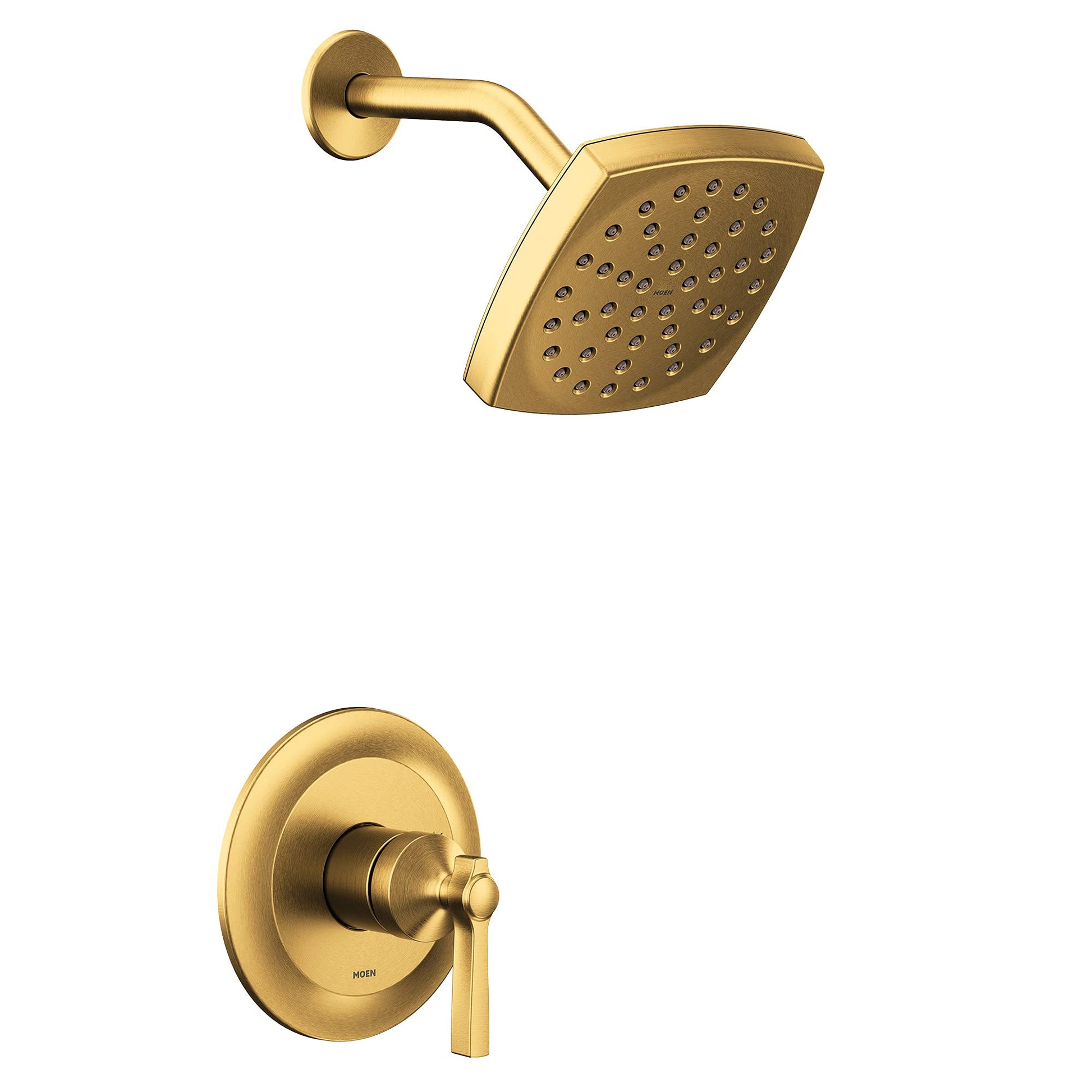 Brushed gold shower trim kit with single lever handle, square showerhead with spray holes, and curved arm.
