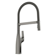 Satin dark steel semi-pro kitchen faucet with tall curved spout and flexible hose spray head.