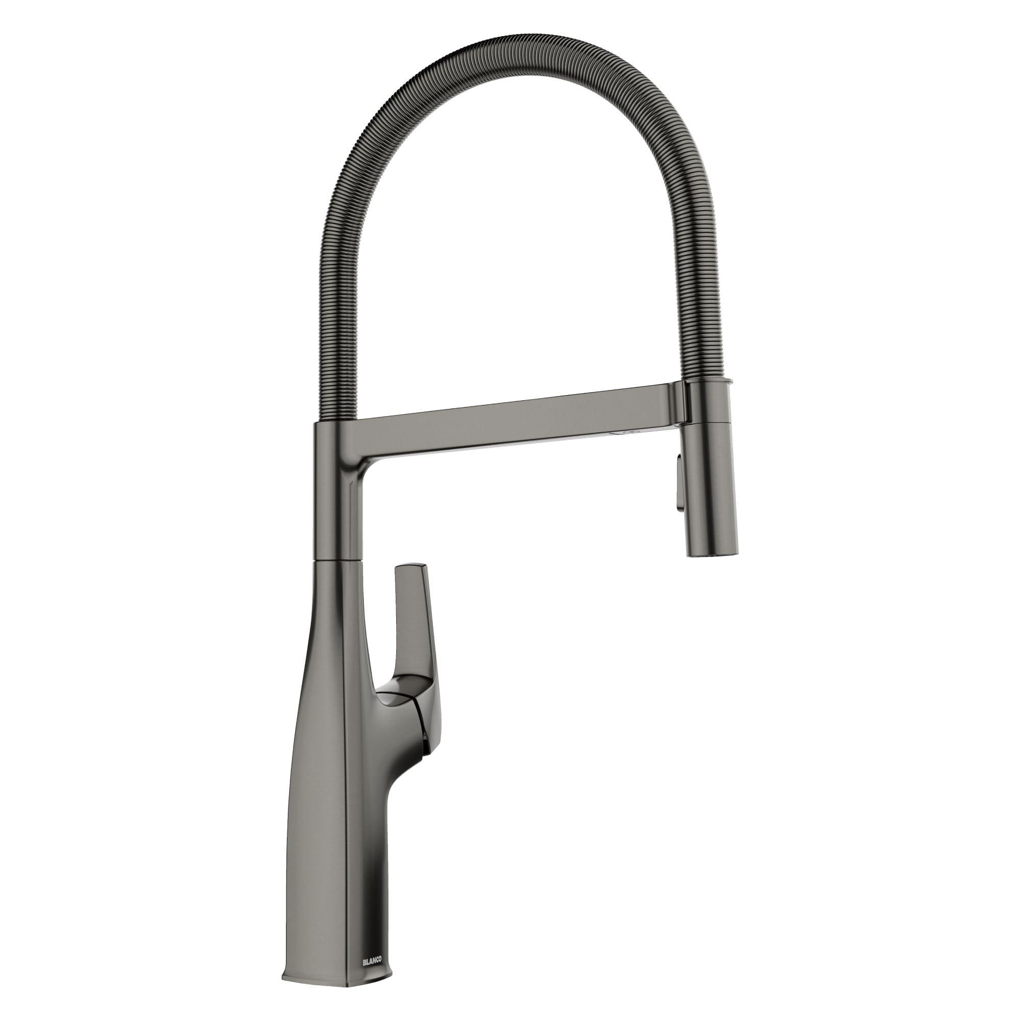 Satin dark steel semi-pro kitchen faucet with tall curved spout and flexible hose spray head.