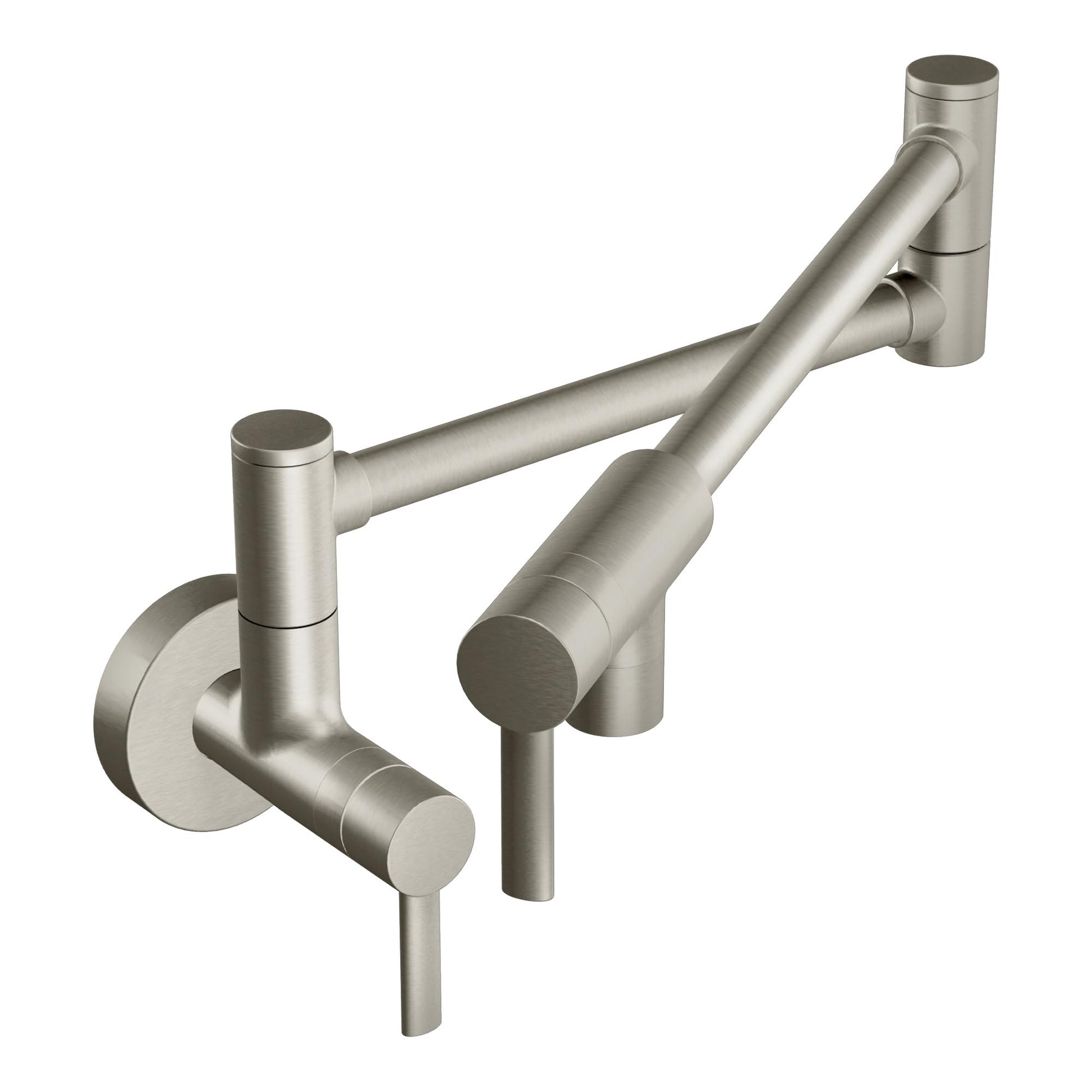 Stainless steel wall-mounted pot filler faucet with double-jointed swing arm and folding spout in extended position.
