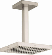 Square brushed nickel ceiling-mounted shower head with vertical arm and perforated spray face.