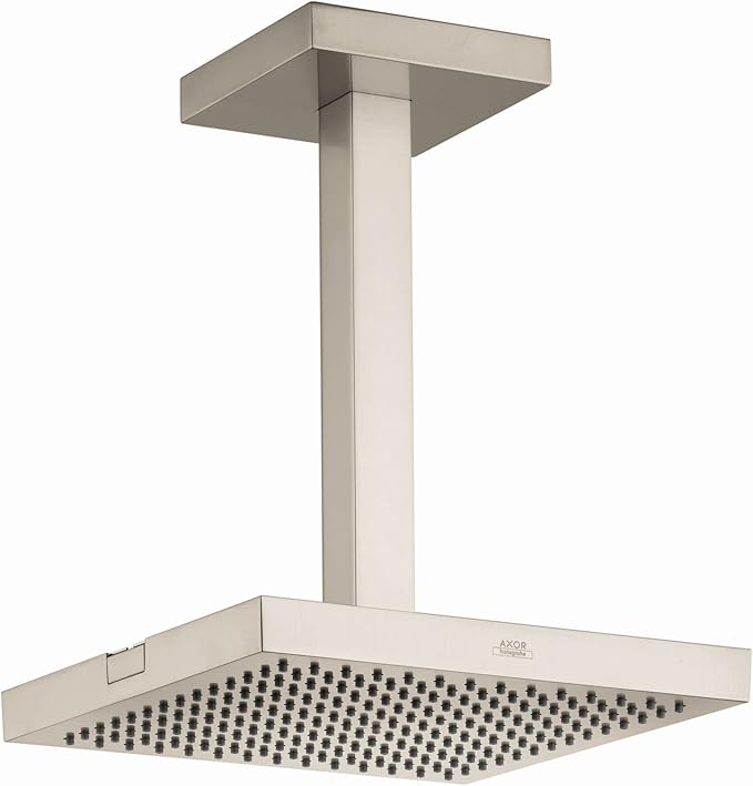 Square brushed nickel ceiling-mounted shower head with vertical arm and perforated spray face.