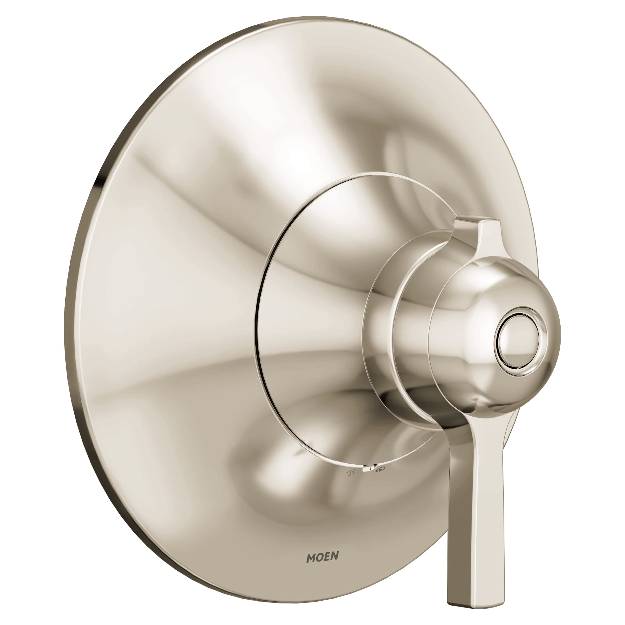 Polished nickel shower valve trim with round escutcheon plate and single lever handle.
