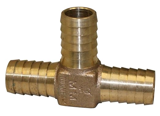 Bronze tee fitting with three barbed ports for connecting plastic pipe, 1 inch size.
