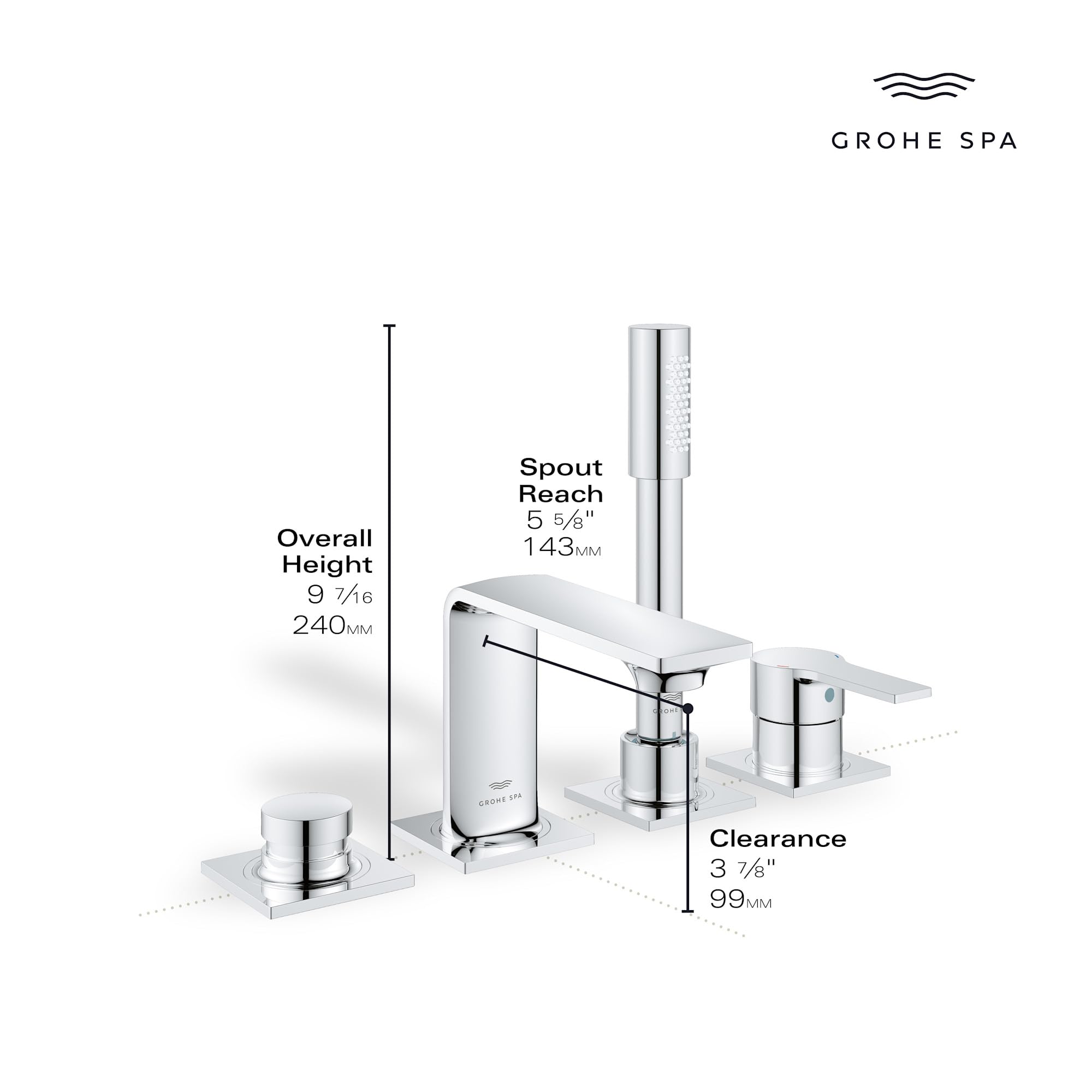 Grohe Allure brushed nickel 4-hole roman tub faucet with single handle, spout, and hand shower wand.