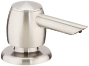 Stainless steel soap and lotion dispenser with cylindrical pump body and angled spout on circular base.