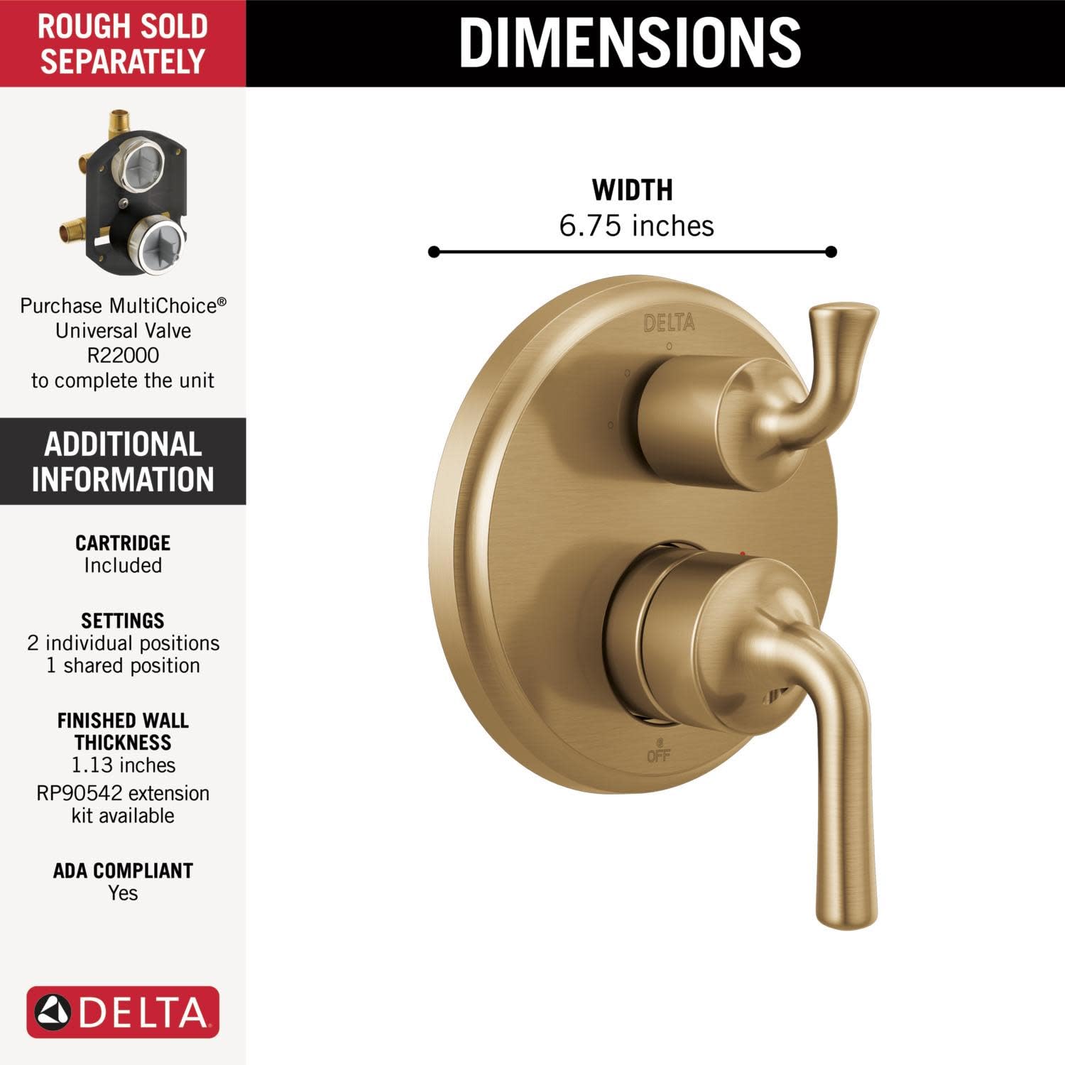 Champagne bronze two-handle valve trim with integrated diverter and curved spouts, 6.75 inches wide.