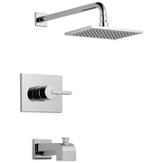 Chrome showerhead with wall-mounted arm, matching valve trim plate with lever handle, and tub spout.