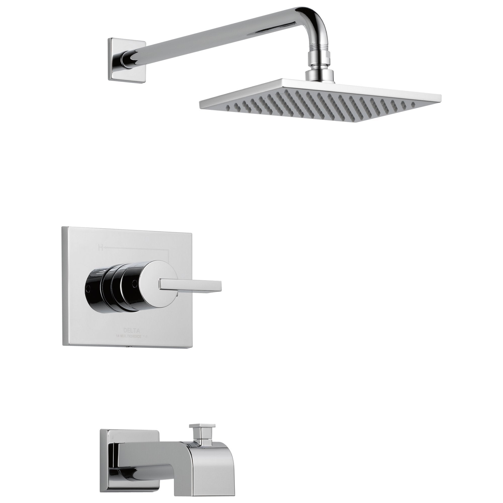 Chrome showerhead with wall-mounted arm, matching valve trim plate with lever handle, and tub spout.
