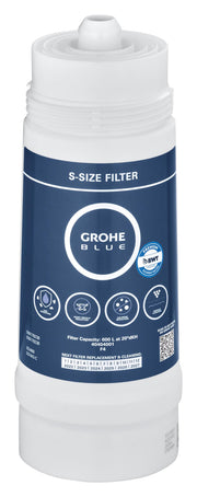 White cylindrical Grohe Blue S-size carbon filter cartridge with dark blue label and threaded connections.
