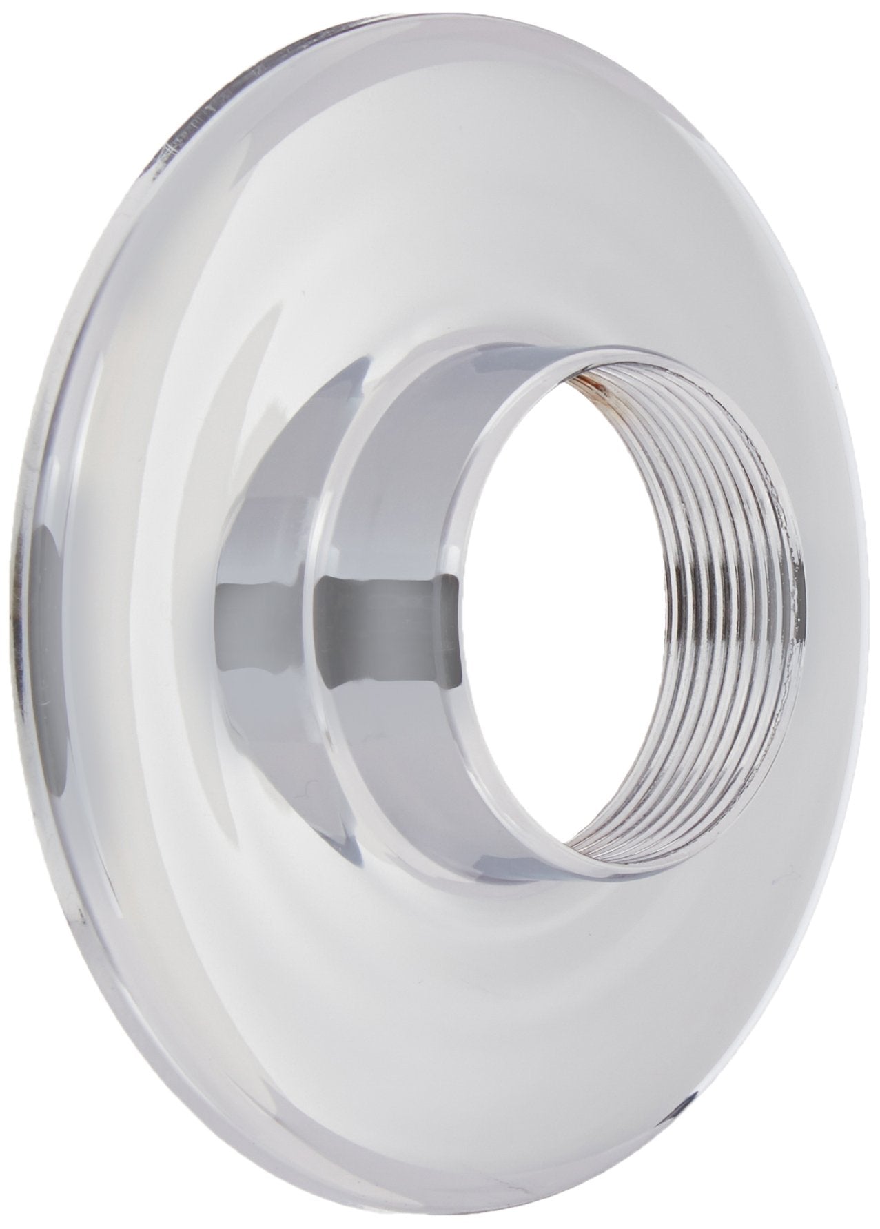 Chrome and white plastic circular tile mounting ring with threaded metal center opening.