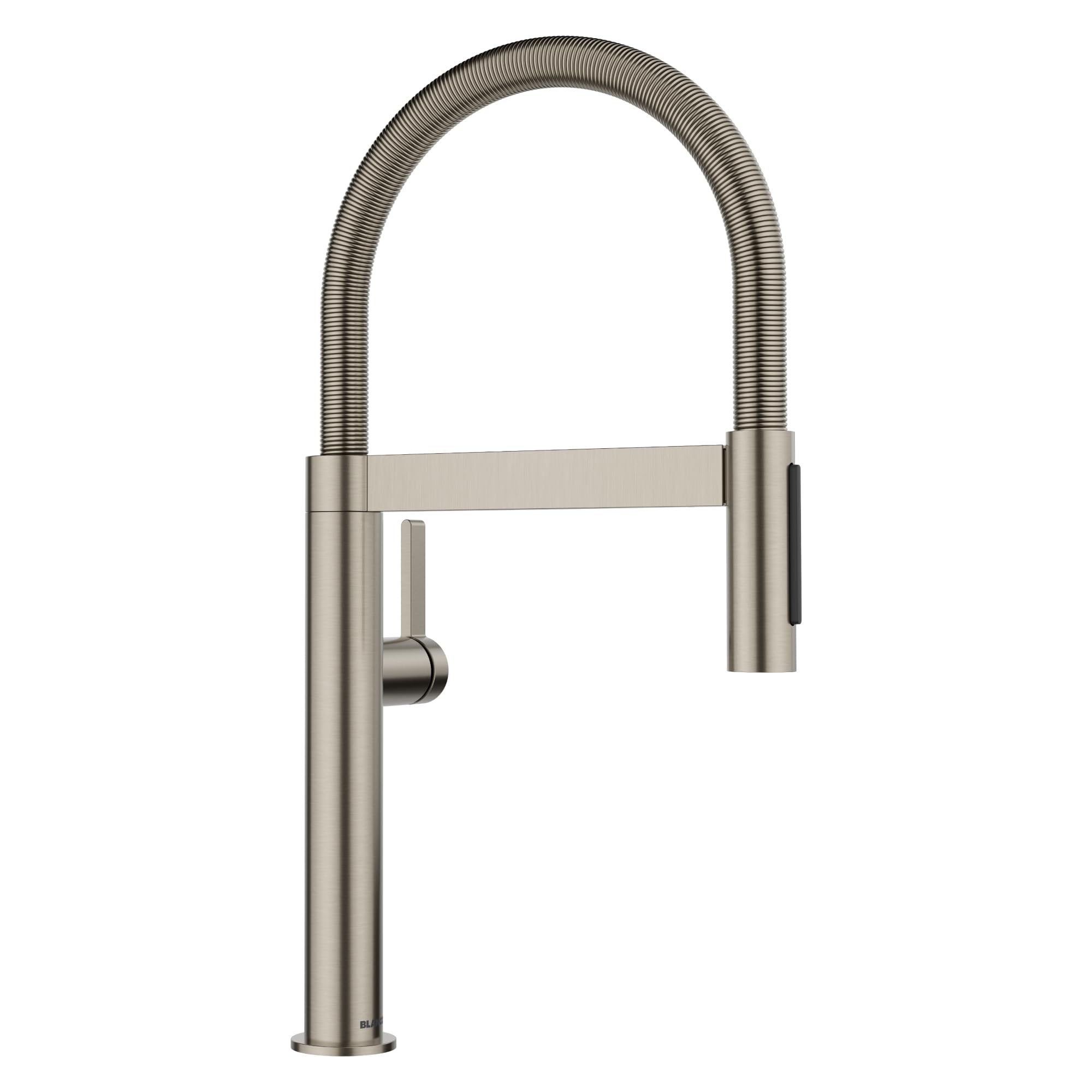 Satin platinum kitchen faucet with tall cylindrical body, flexible coiled spout, and single side-mounted handle.