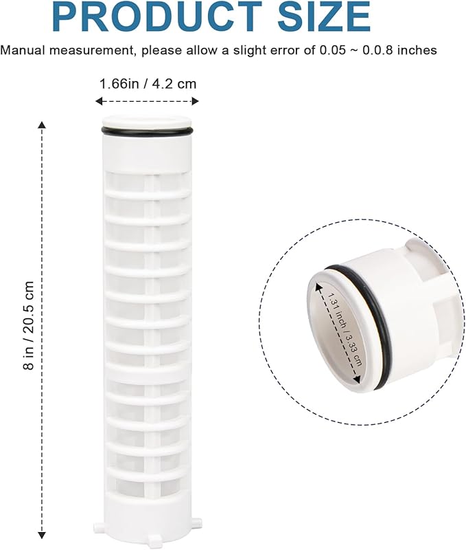 White cylindrical mesh spin-down replacement filter with horizontal ridges, 8 inches tall and 1.66 inches wide.