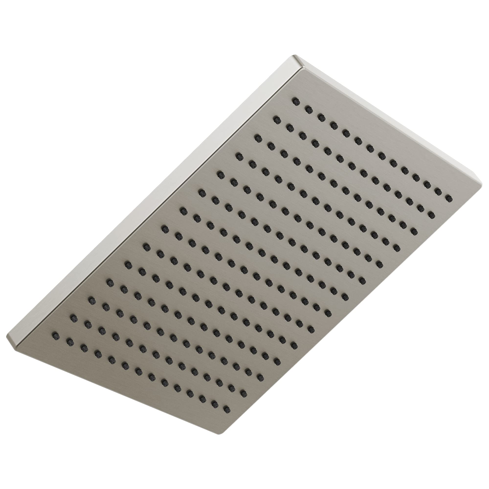 Square metal raincan shower head with multiple small perforations across flat surface.