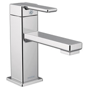 Chrome single-hole bathroom sink faucet with angled spout and single lever handle on square base.