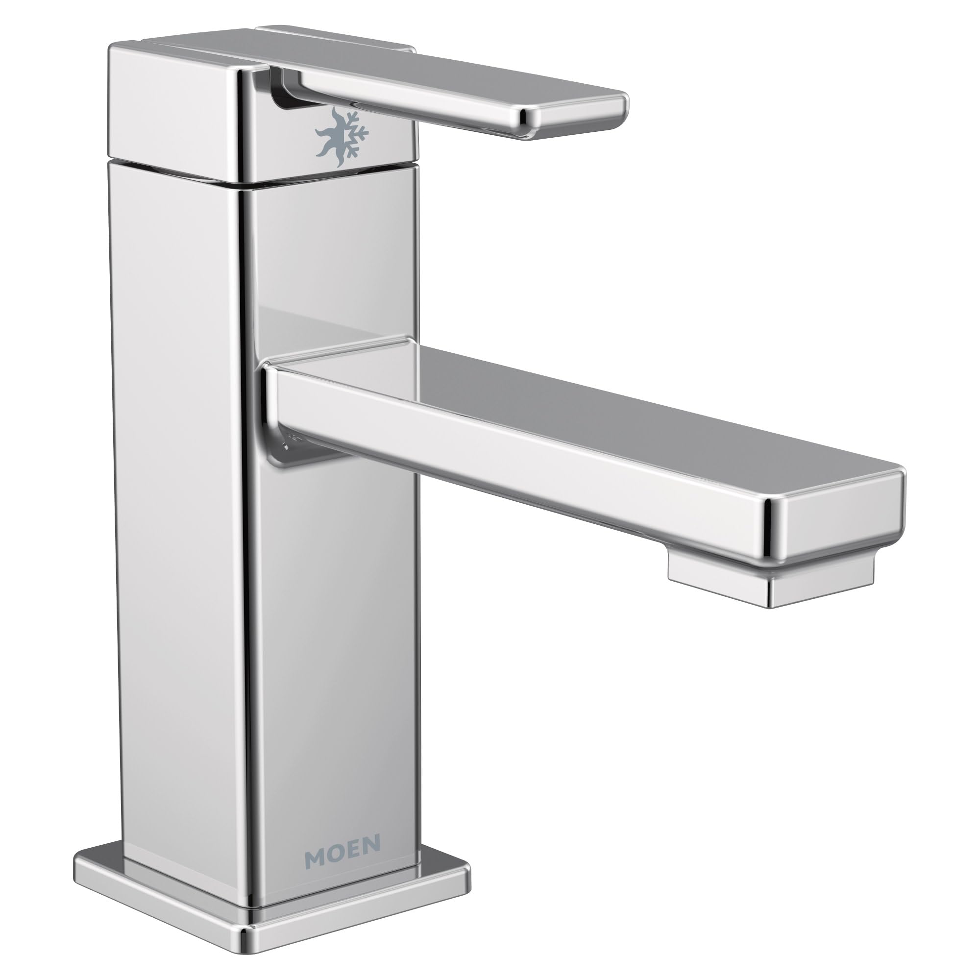 Chrome single-hole bathroom sink faucet with angled spout and single lever handle on square base.