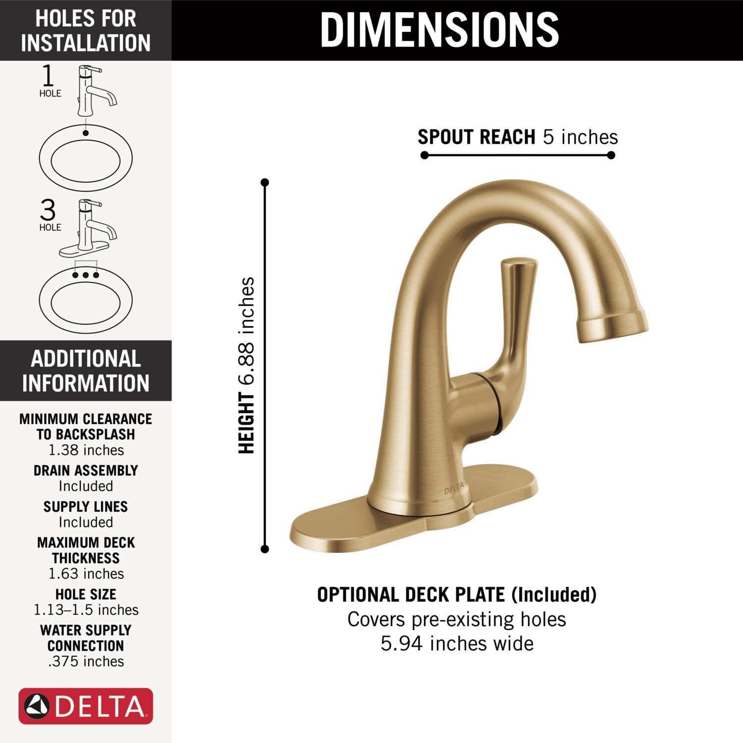 Single-handle bathroom faucet in champagne bronze with curved spout, 6.88 inches tall, 5-inch spout reach.