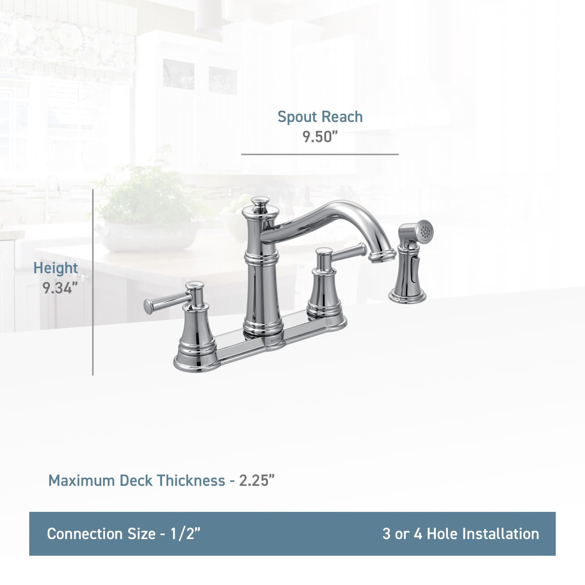Matte black two-handle high arc kitchen faucet with side spray, 9.34" height and 9.50" spout reach.