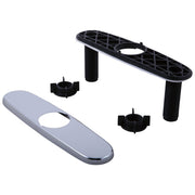 Chrome escutcheon plate with mounting hardware and black installation components displayed separately.