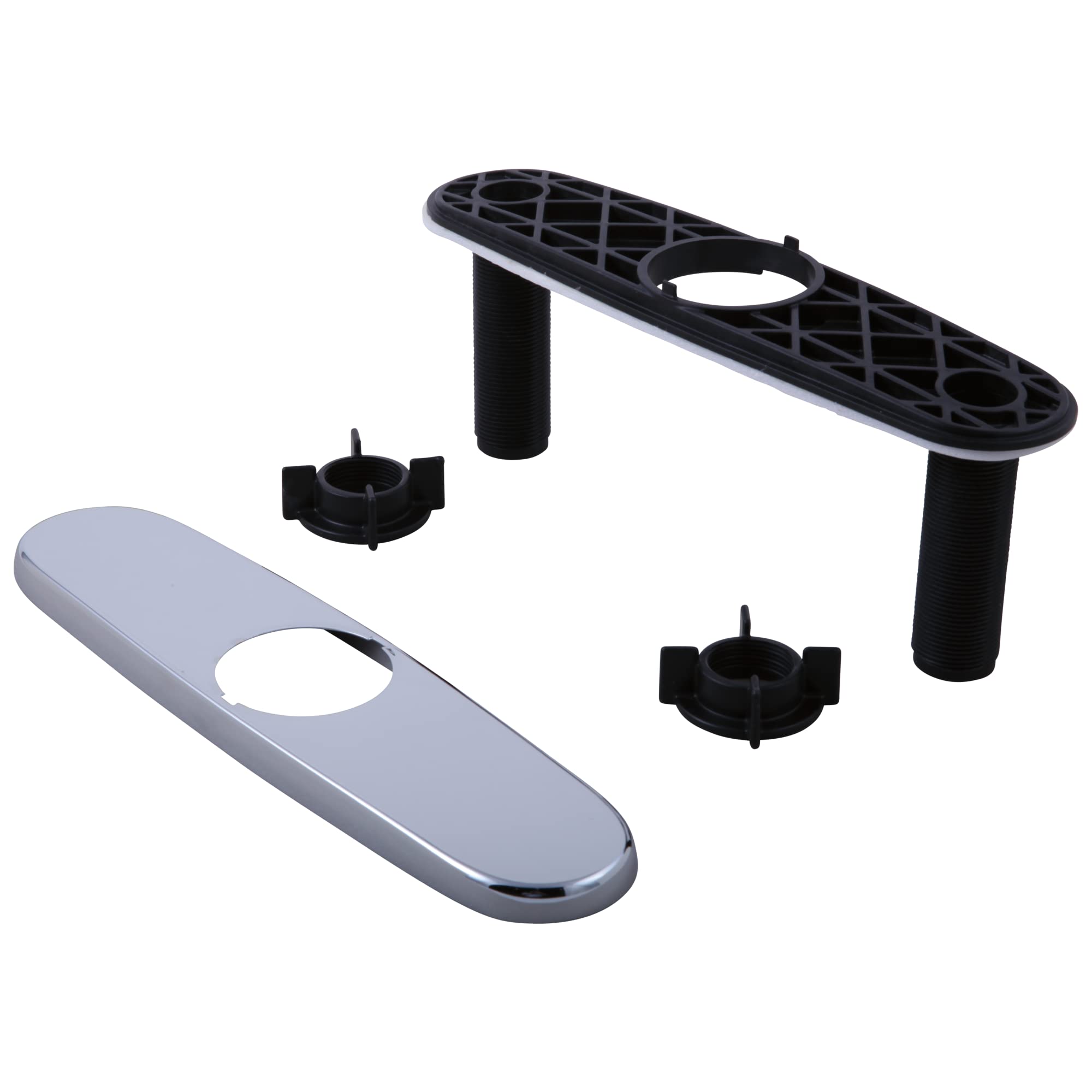 Chrome escutcheon plate with mounting hardware and black installation components displayed separately.
