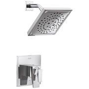 Chrome shower head with perforated face and curved arm mounted to wall plate; matching control valve trim below.